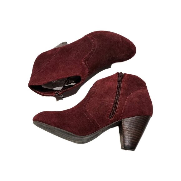 Aldo Burgandy Ankle  Booties Zip Up Triangle  Heel Size 7.5 Boots Short Suede - Picture 7 of 7
